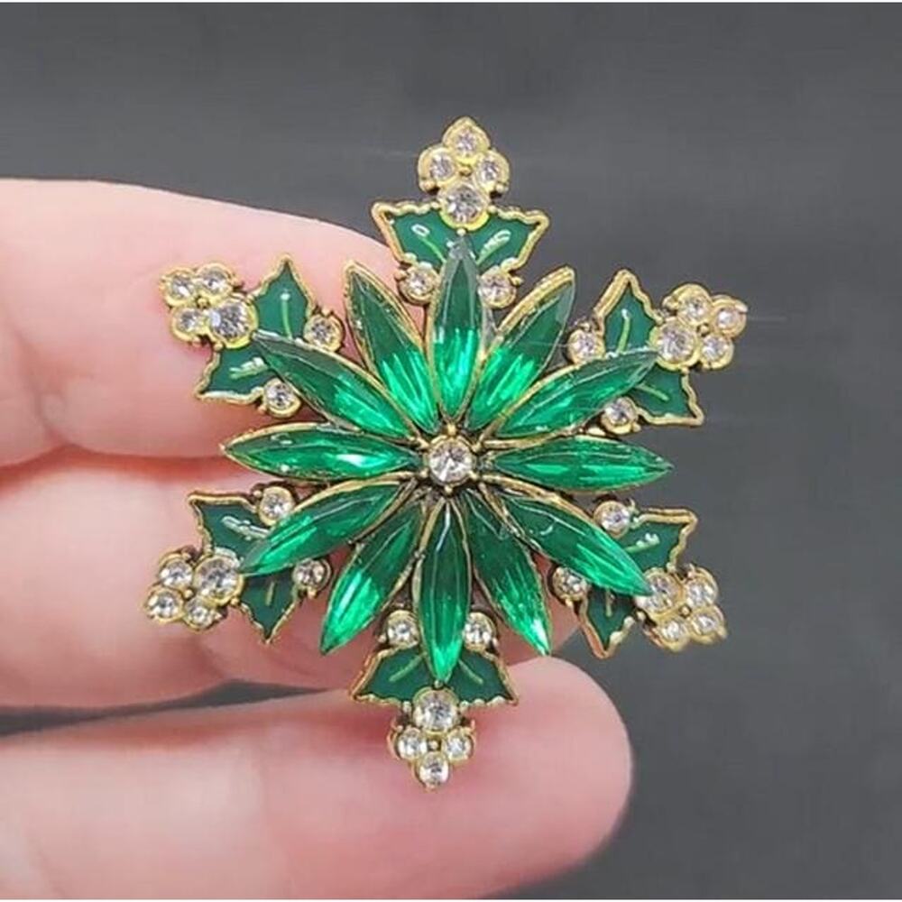 Green Poinsettia Snowflake Brooch Christmas Faux Jewel Rhinestone Smaller